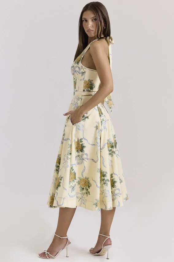 Allena Lemon Ribbon Stretch Cotton Halter Midi Sundress Allena Lemon Ribbon Stretch Cotton Halter Midi Sundress