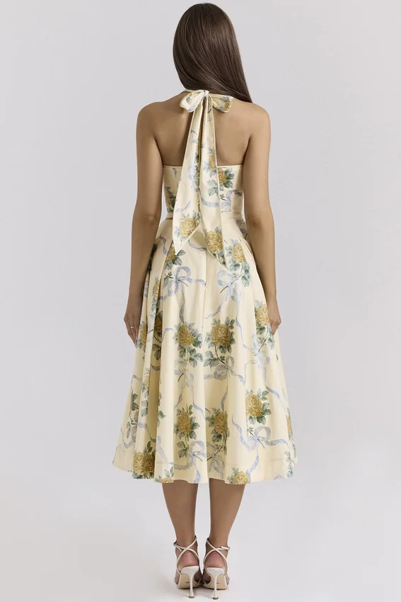 Allena Lemon Ribbon Stretch Cotton Halter Midi Sundress Allena Lemon Ribbon Stretch Cotton Halter Midi Sundress