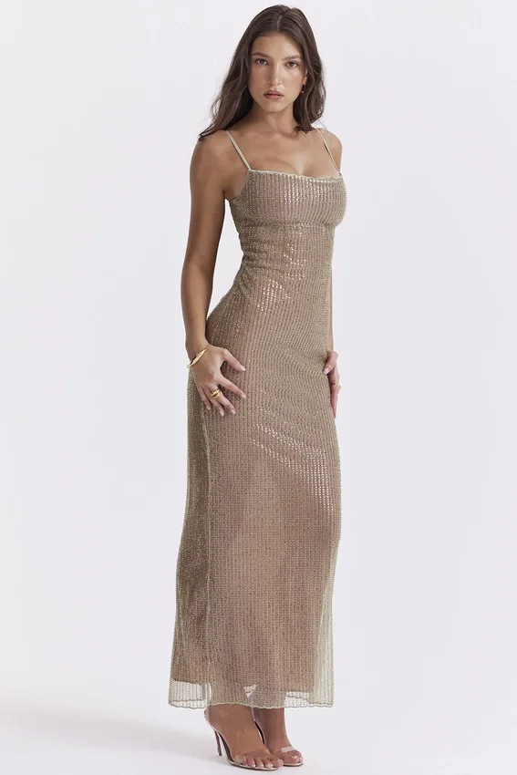 Alondra Cafe Au Lait Beaded Maxi Dress – Limited Edition Alondra Cafe Au Lait Beaded Maxi Dress – Limited Edition