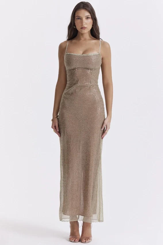 Alondra Cafe Au Lait Beaded Maxi Dress – Limited Edition Alondra Cafe Au Lait Beaded Maxi Dress – Limited Edition