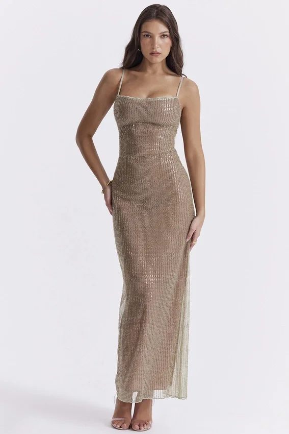 Alondra Cafe Au Lait Beaded Maxi Dress – Limited Edition Alondra Cafe Au Lait Beaded Maxi Dress – Limited Edition