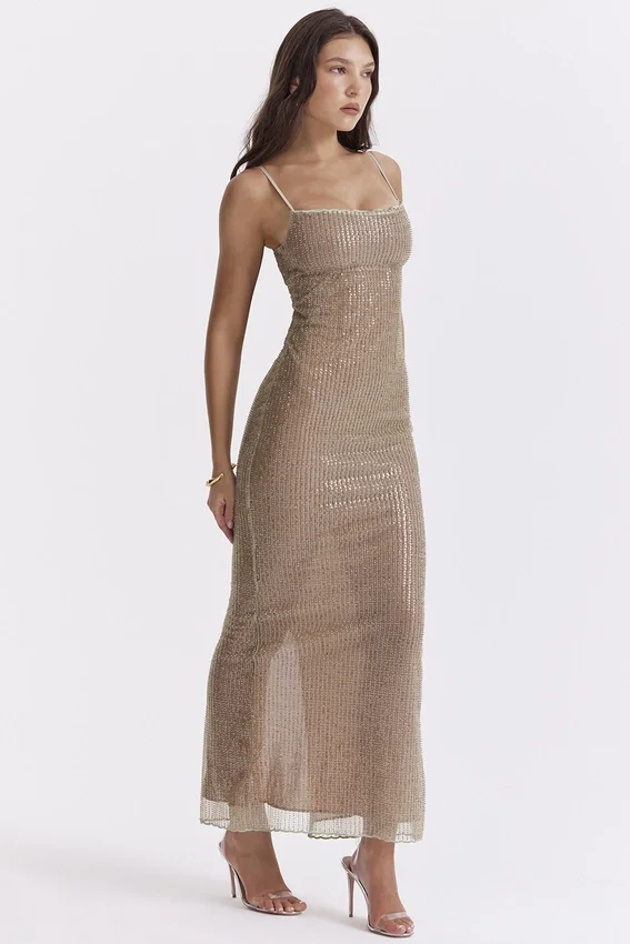 Alondra Cafe Au Lait Beaded Maxi Dress – Limited Edition Alondra Cafe Au Lait Beaded Maxi Dress – Limited Edition