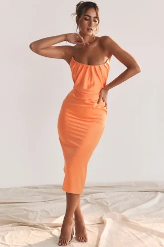 Alora Tangerine Strapless Corset Midi Dress