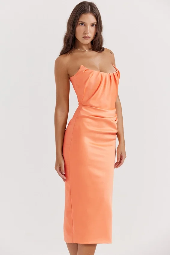 Alora Tangerine Strapless Corset Midi Dress Alora Tangerine Strapless Corset Midi Dress