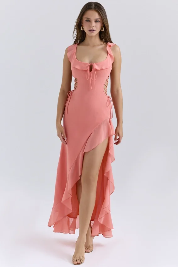 Aloura Coral Georgette Ruffle Maxi Dress Aloura Coral Georgette Ruffle Maxi Dress
