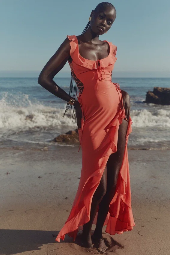 Aloura Coral Georgette Ruffle Maxi Dress Aloura Coral Georgette Ruffle Maxi Dress