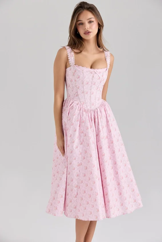 Amara Pink Rose Print Stretch Cotton Corset Midi Dress Amara Pink Rose Print Stretch Cotton Corset Midi Dress