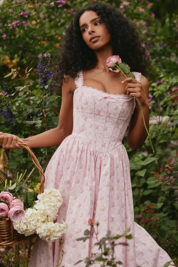 Amara Pink Rose Print Stretch Cotton Corset Midi Dress Amara Pink Rose Print Stretch Cotton Corset Midi Dress