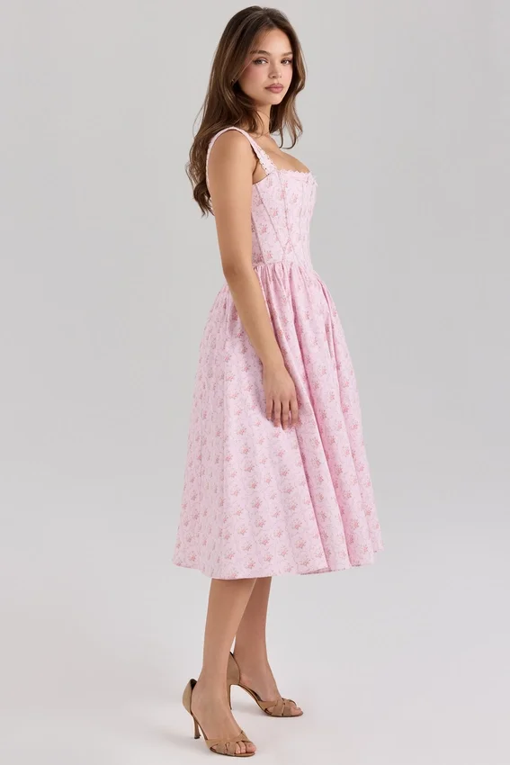 Amara Pink Rose Print Stretch Cotton Corset Midi Dress Amara Pink Rose Print Stretch Cotton Corset Midi Dress