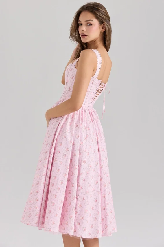 Amara Pink Rose Print Stretch Cotton Corset Midi Dress Amara Pink Rose Print Stretch Cotton Corset Midi Dress