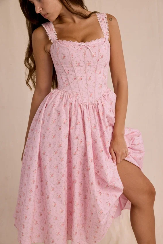 Amara Pink Rose Print Stretch Cotton Corset Midi Dress Amara Pink Rose Print Stretch Cotton Corset Midi Dress