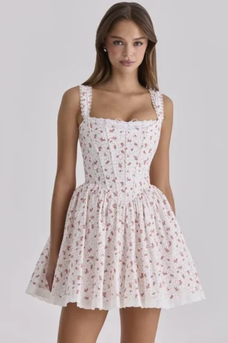 Ami White Rose Print Cotton Corset Mini Dress Ami White Rose Print Cotton Corset Mini Dress