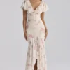 Amina Ivory Vintage Rose Print Georgette Maxi Tea Dress Amina Ivory Vintage Rose Print Georgette Maxi Tea Dress