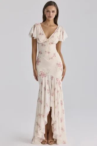 Amina Ivory Vintage Rose Print Georgette Maxi Tea Dress