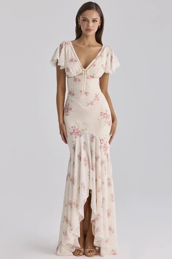 Amina Ivory Vintage Rose Print Georgette Maxi Tea Dress Amina Ivory Vintage Rose Print Georgette Maxi Tea Dress