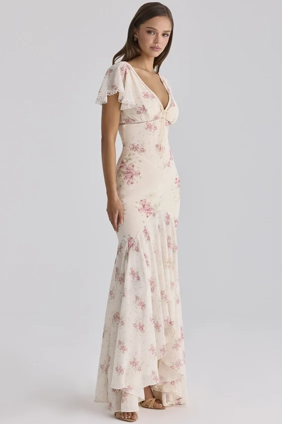 Amina Ivory Vintage Rose Print Georgette Maxi Tea Dress Amina Ivory Vintage Rose Print Georgette Maxi Tea Dress