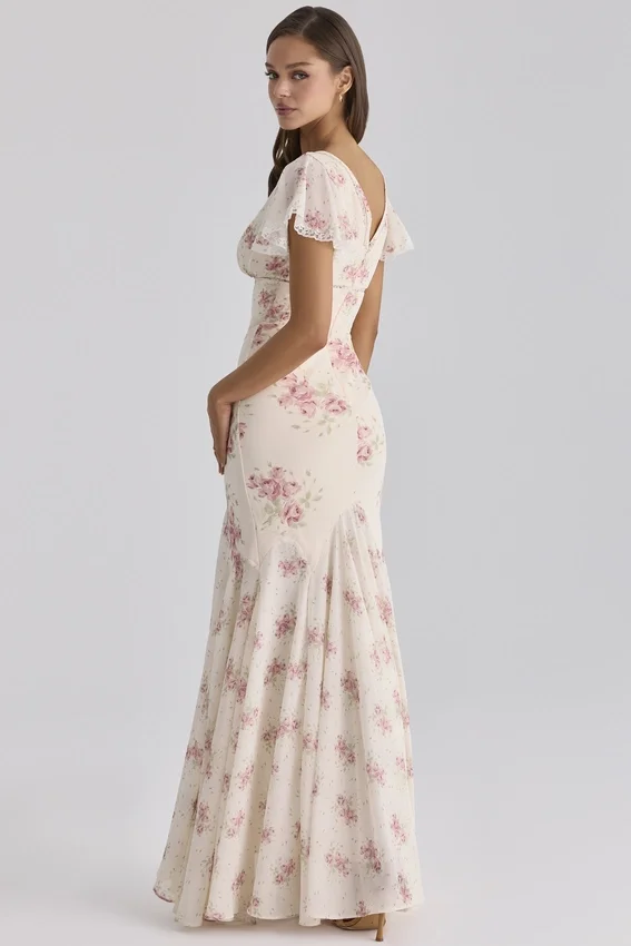 Amina Ivory Vintage Rose Print Georgette Maxi Tea Dress Amina Ivory Vintage Rose Print Georgette Maxi Tea Dress