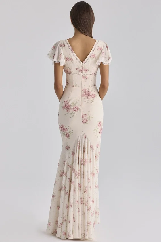 Amina Ivory Vintage Rose Print Georgette Maxi Tea Dress Amina Ivory Vintage Rose Print Georgette Maxi Tea Dress