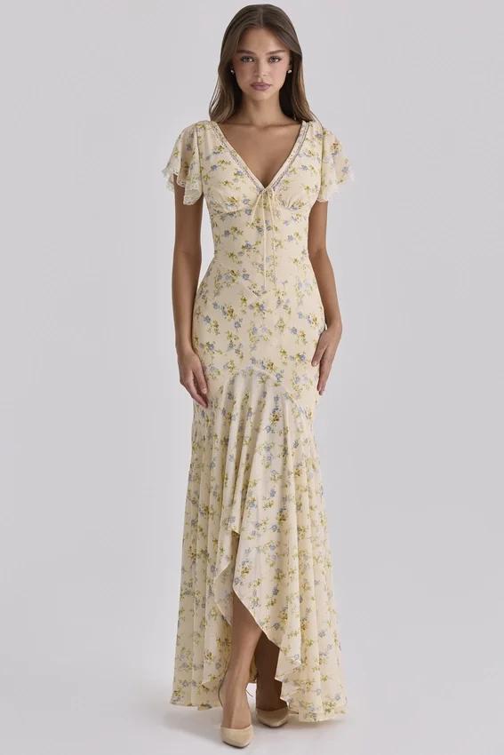 Amina Lemon Floral Print Georgette Maxi Tea Dress Amina Lemon Floral Print Georgette Maxi Tea Dress