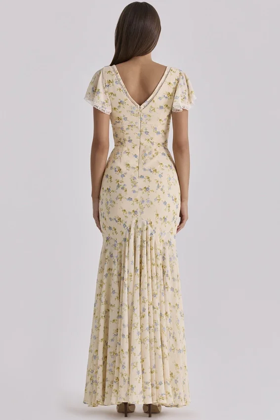 Amina Lemon Floral Print Georgette Maxi Tea Dress Amina Lemon Floral Print Georgette Maxi Tea Dress