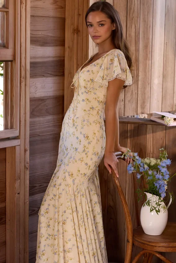 Amina Lemon Floral Print Georgette Maxi Tea Dress Amina Lemon Floral Print Georgette Maxi Tea Dress