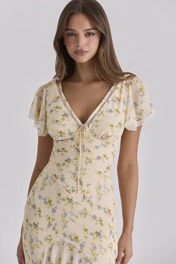 Amina Lemon Floral Print Georgette Maxi Tea Dress Amina Lemon Floral Print Georgette Maxi Tea Dress