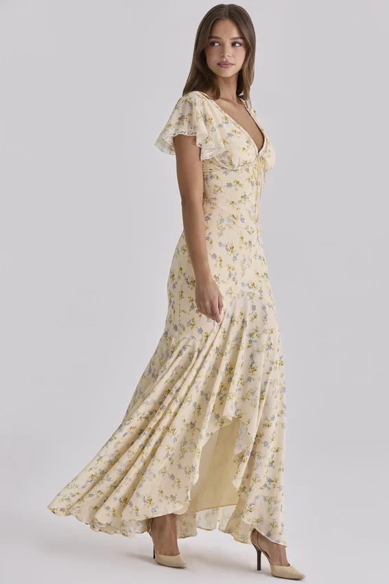 Amina Lemon Floral Print Georgette Maxi Tea Dress Amina Lemon Floral Print Georgette Maxi Tea Dress