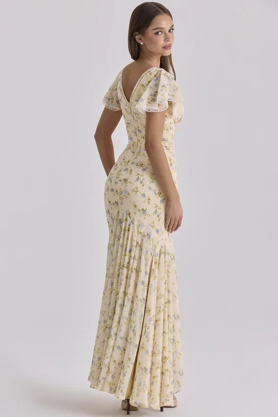 Amina Lemon Floral Print Georgette Maxi Tea Dress Amina Lemon Floral Print Georgette Maxi Tea Dress