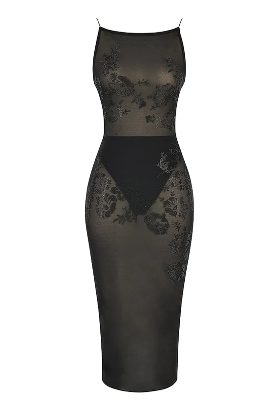 Amirah Black Mesh Crystal Embellished Midi Dress Amirah Black Mesh Crystal Embellished Midi Dress