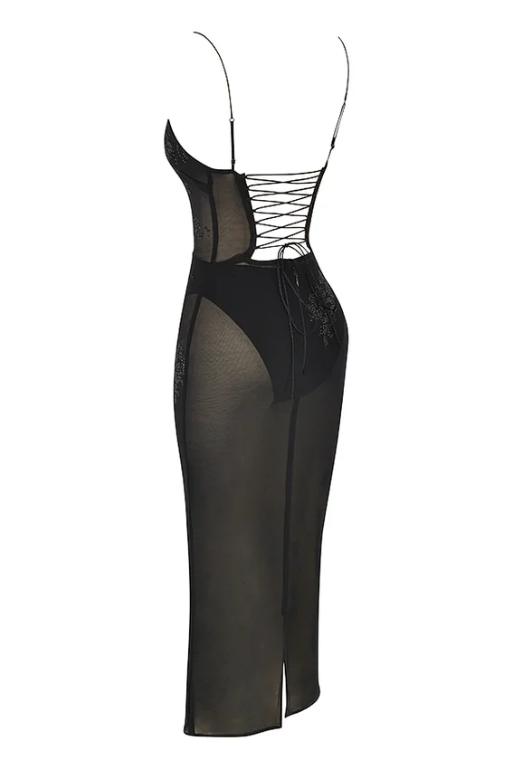 Amirah Black Mesh Crystal Embellished Midi Dress Amirah Black Mesh Crystal Embellished Midi Dress
