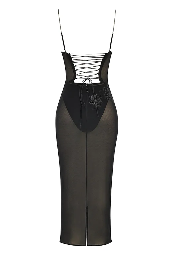 Amirah Black Mesh Crystal Embellished Midi Dress Amirah Black Mesh Crystal Embellished Midi Dress