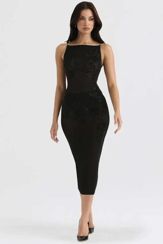 Amirah Black Mesh Crystal Embellished Midi Dress Amirah Black Mesh Crystal Embellished Midi Dress