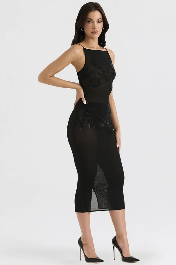 Amirah Black Mesh Crystal Embellished Midi Dress Amirah Black Mesh Crystal Embellished Midi Dress