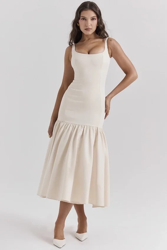 Amore Vintage Cream Dropped Waist Midi Dress Amore Vintage Cream Dropped Waist Midi Dress