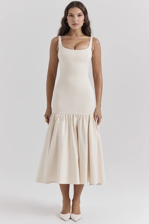 Amore Vintage Cream Dropped Waist Midi Dress Amore Vintage Cream Dropped Waist Midi Dress