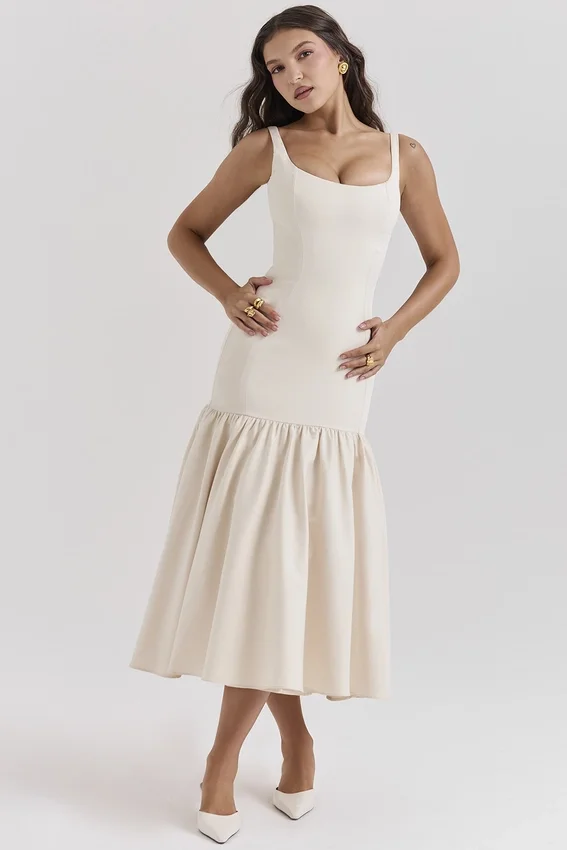 Amore Vintage Cream Dropped Waist Midi Dress Amore Vintage Cream Dropped Waist Midi Dress