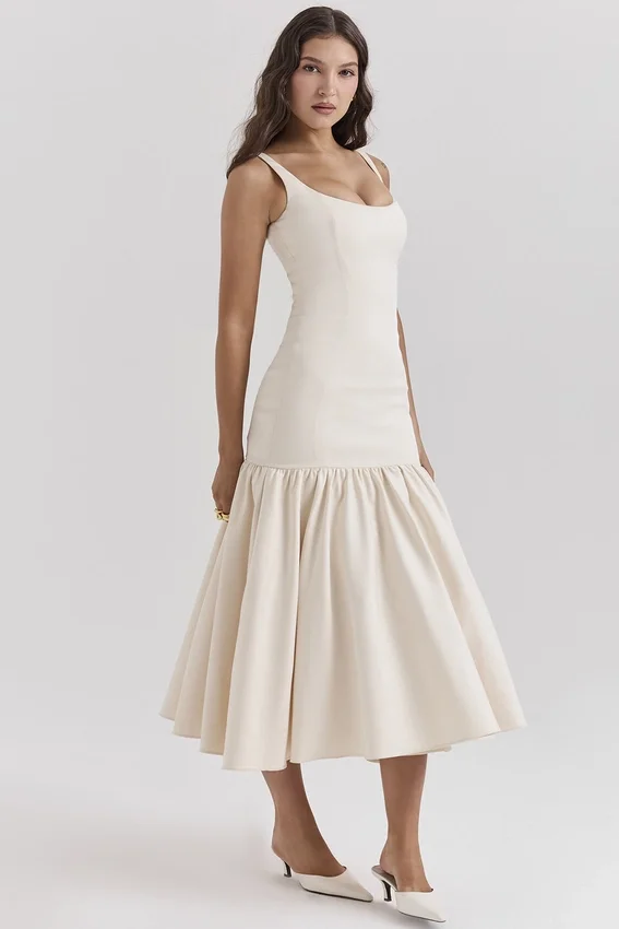 Amore Vintage Cream Dropped Waist Midi Dress Amore Vintage Cream Dropped Waist Midi Dress