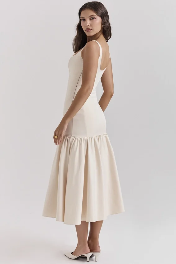 Amore Vintage Cream Dropped Waist Midi Dress Amore Vintage Cream Dropped Waist Midi Dress