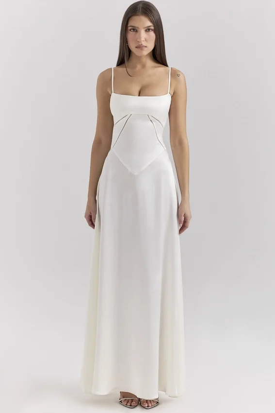Anabella Ivory Satin Lace Up Maxi Dress Anabella Ivory Satin Lace Up Maxi Dress