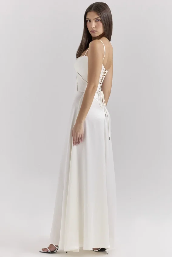 Anabella Ivory Satin Lace Up Maxi Dress Anabella Ivory Satin Lace Up Maxi Dress