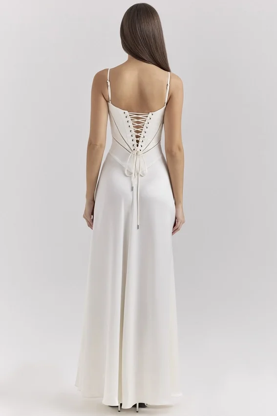 Anabella Ivory Satin Lace Up Maxi Dress Anabella Ivory Satin Lace Up Maxi Dress