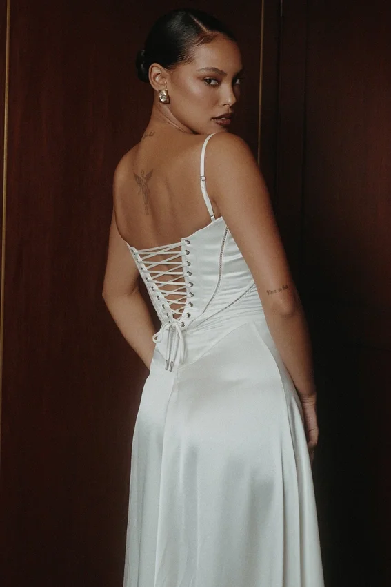 Anabella Ivory Satin Lace Up Maxi Dress Anabella Ivory Satin Lace Up Maxi Dress