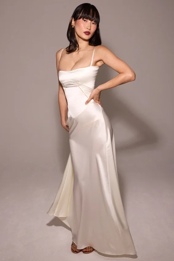 Anabella Ivory Satin Lace Up Maxi Dress Anabella Ivory Satin Lace Up Maxi Dress