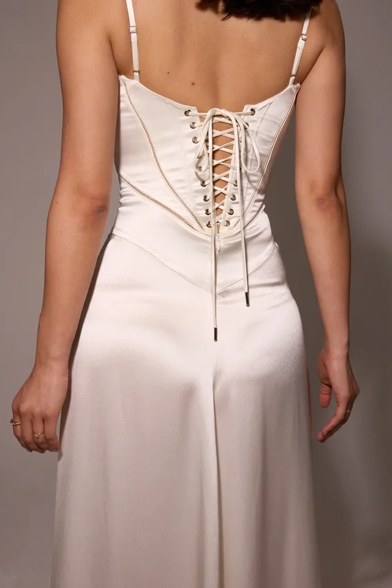 Anabella Ivory Satin Lace Up Maxi Dress Anabella Ivory Satin Lace Up Maxi Dress