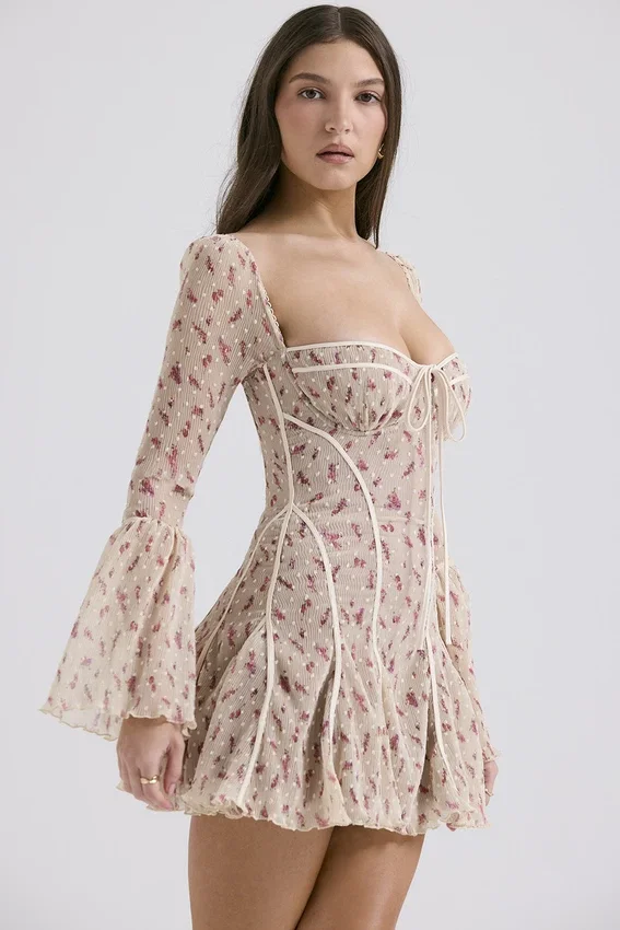 Analissa Vintage Cream Rose Print Corset Mini Dress Analissa Vintage Cream Rose Print Corset Mini Dress