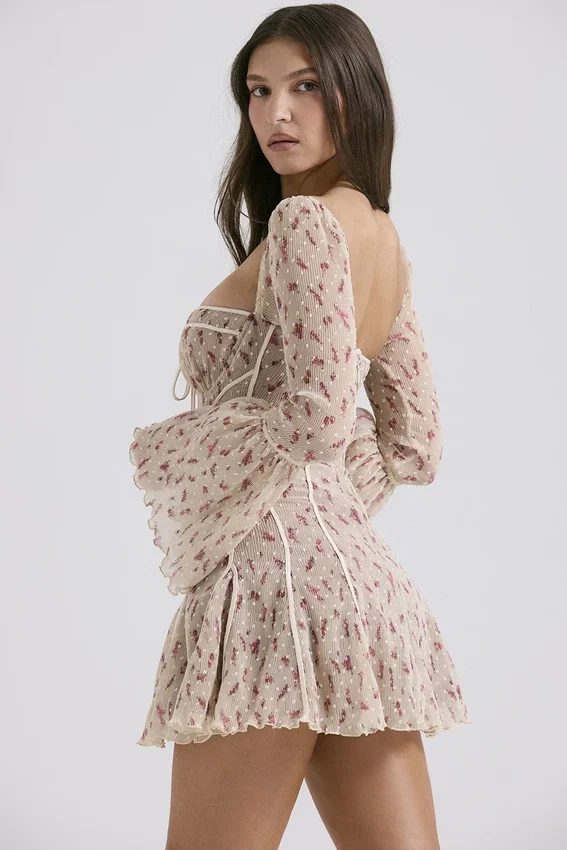 Analissa Vintage Cream Rose Print Corset Mini Dress Analissa Vintage Cream Rose Print Corset Mini Dress