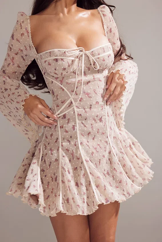 Analissa Vintage Cream Rose Print Corset Mini Dress Analissa Vintage Cream Rose Print Corset Mini Dress