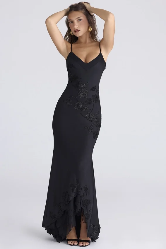 Anastelle Black Hand Beaded Embellished Satin Maxi Dress – Limited Edition Anastelle Black Hand Beaded Embellished Satin Maxi Dress – Limited Edition