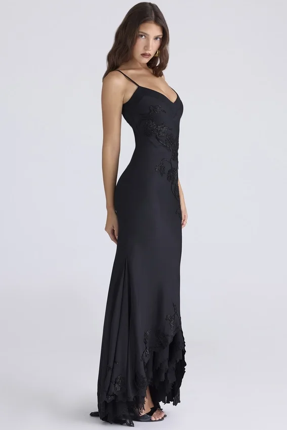 Anastelle Black Hand Beaded Embellished Satin Maxi Dress – Limited Edition Anastelle Black Hand Beaded Embellished Satin Maxi Dress – Limited Edition