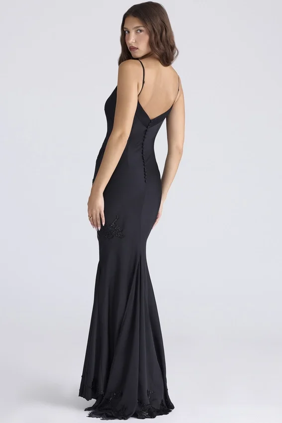 Anastelle Black Hand Beaded Embellished Satin Maxi Dress – Limited Edition Anastelle Black Hand Beaded Embellished Satin Maxi Dress – Limited Edition